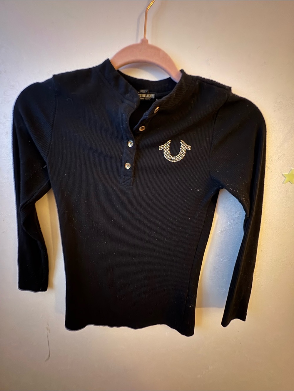 True Religion Kids Black Long-Sleeve Henley with Rhinestone Logo